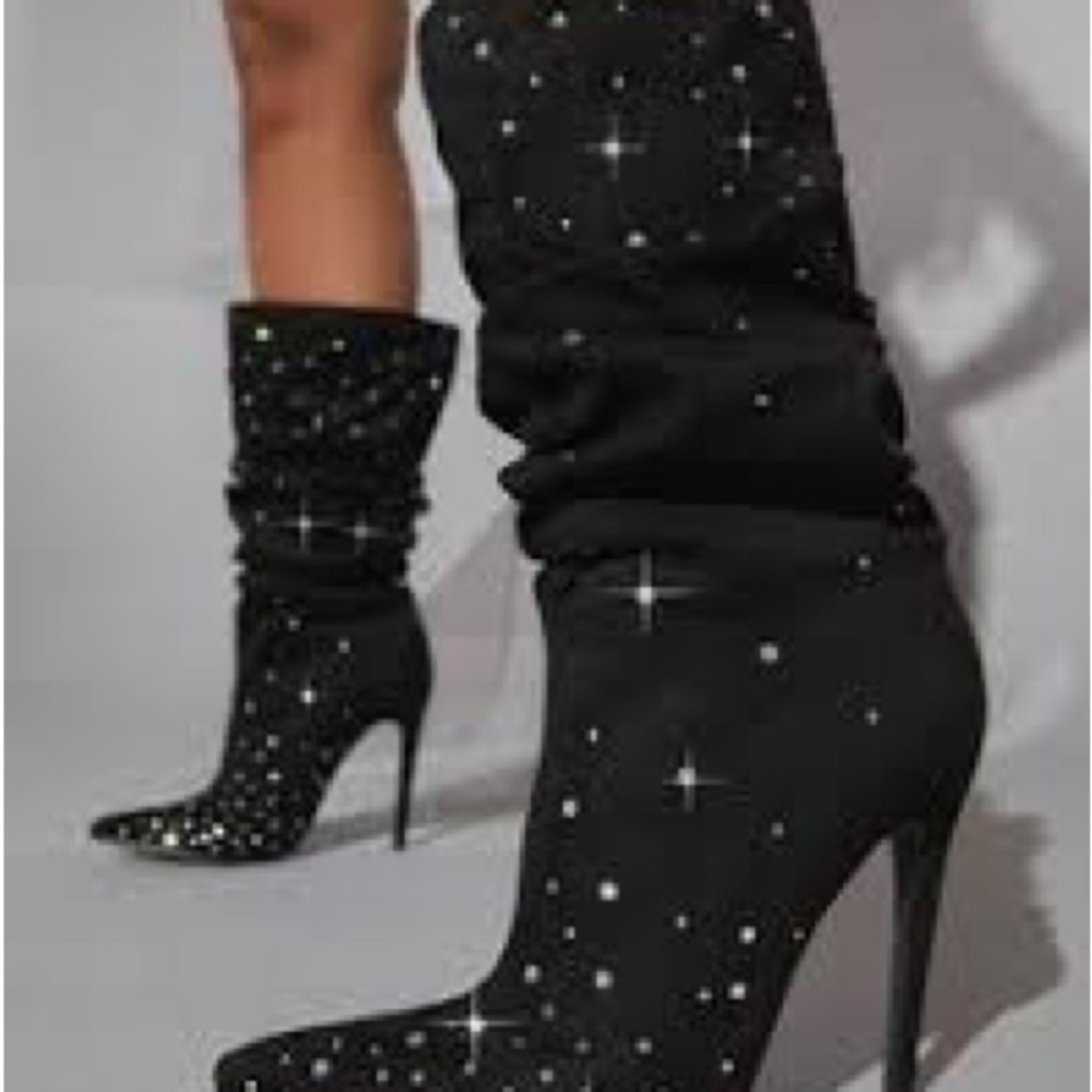 Rhinestone decor, slouch Elegant Black Studded Women's Boots - Picture 4 of 8
